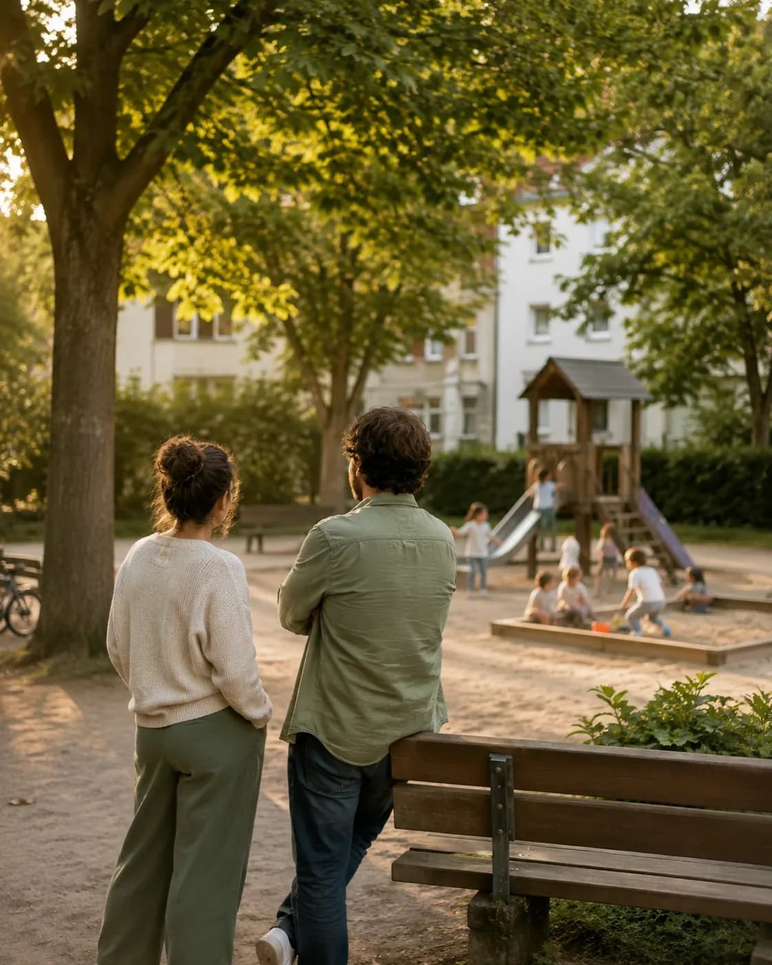 Two adults talking beside a bench while children play at a playground.