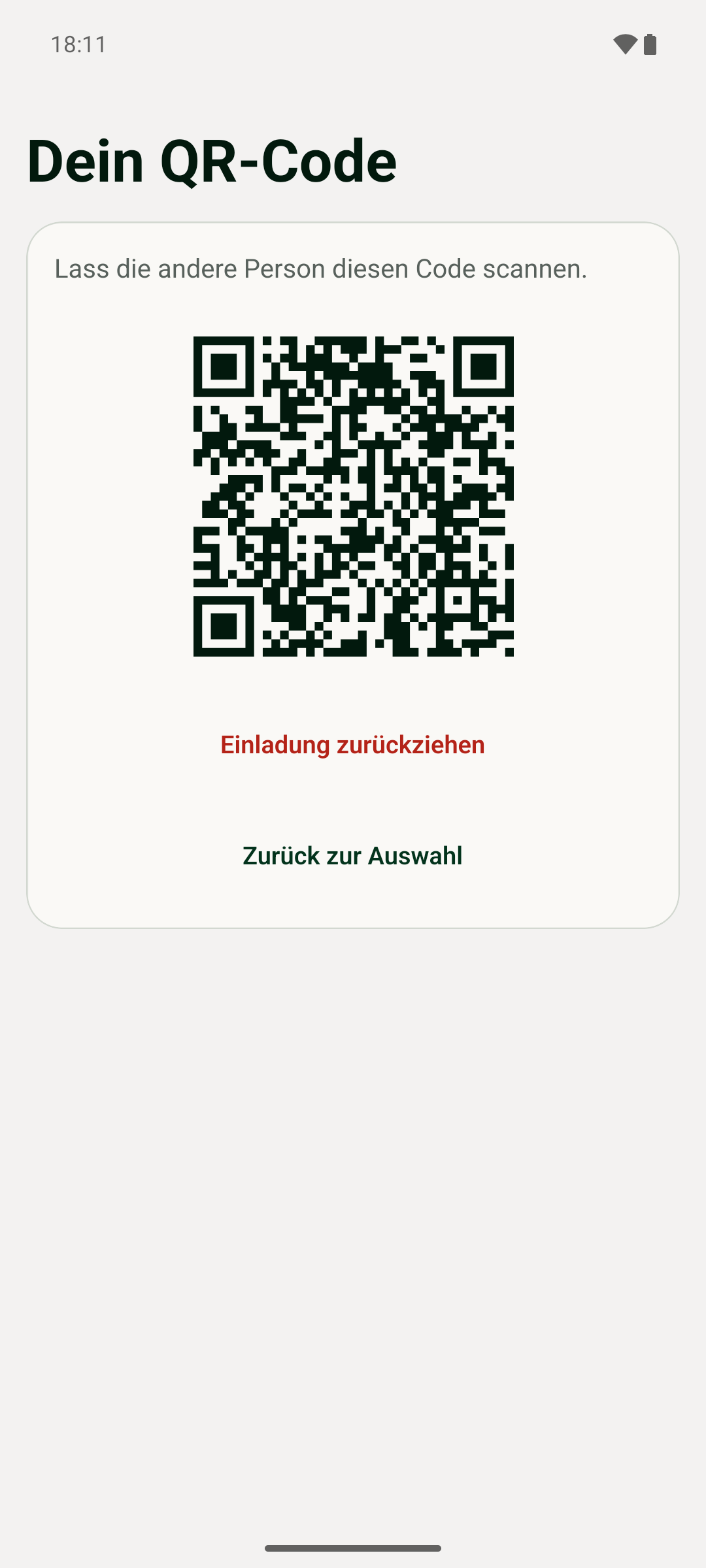 Beispiel der Ansicht für den persönlichen QR-Code mit „Einladung zurückziehen“ und „Zurück zur Auswahl“. Der Beispielcode ist nicht aktiv.
