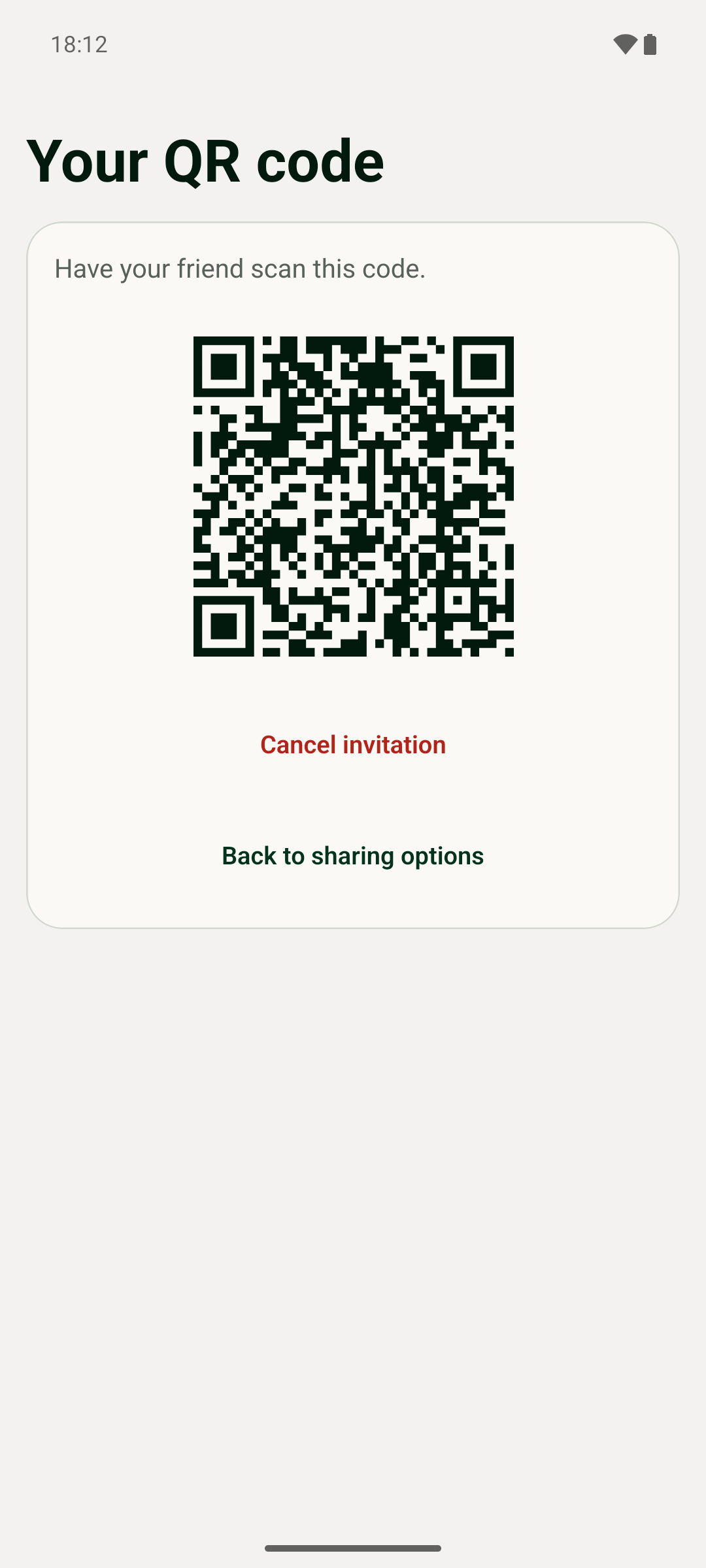 Example of the personal QR-code screen, with options to revoke the invitation or return to sharing. This is an inactive example code.