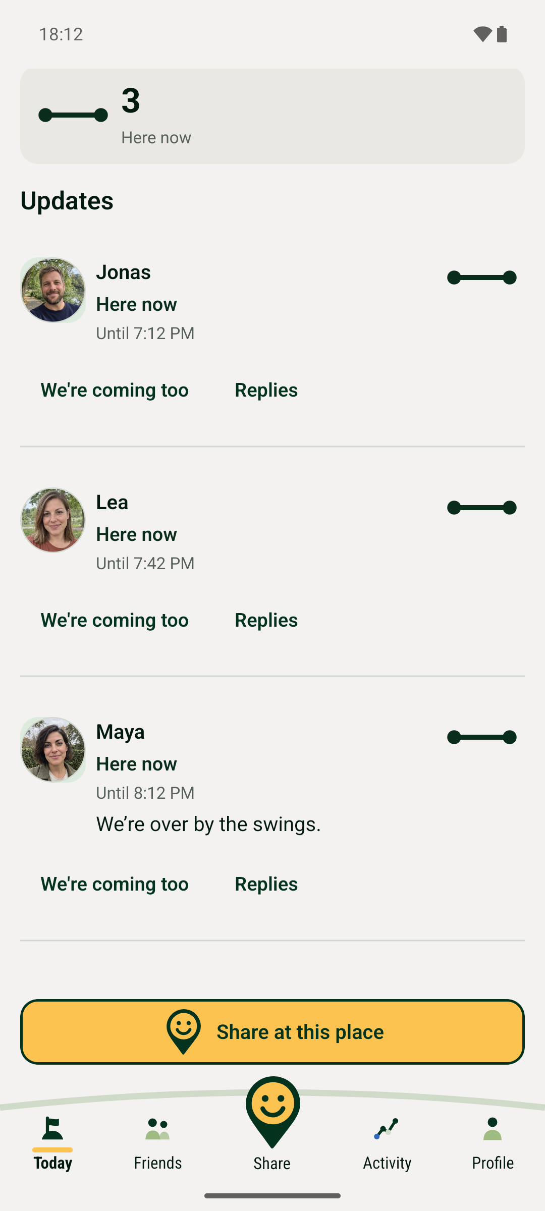 Updates at a playground: each example friend has their own status, with We’re coming too and Replies actions.